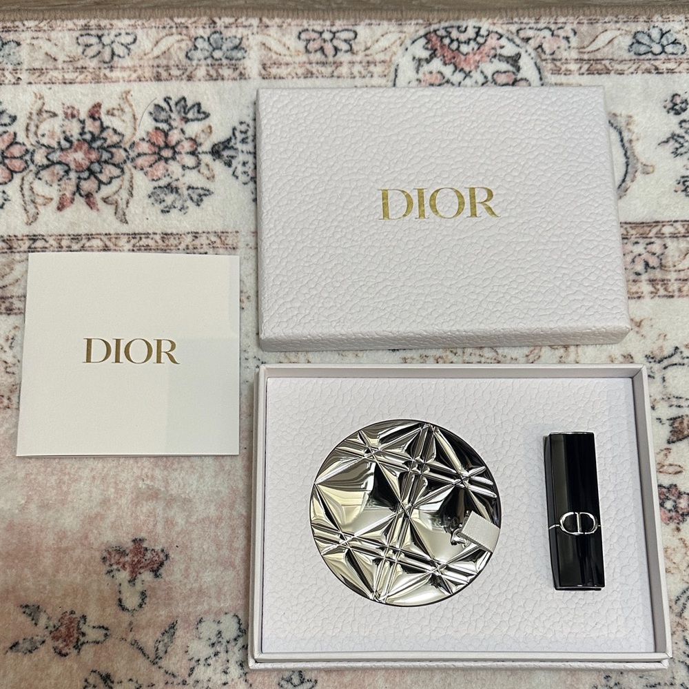 Dior Silver Compact and Black Lipstick Set